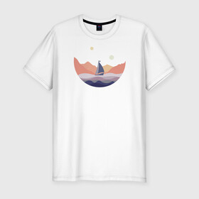 Мужская футболка хлопок Slim с принтом Яхта в океане в Новосибирске, 92% хлопок, 8% лайкра | приталенный силуэт, круглый вырез ворота, длина до линии бедра, короткий рукав | лодка | море | океан | путешествия | яхта | яхтинг