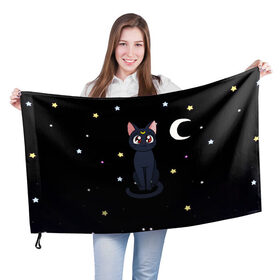 Флаг 3D с принтом Луна в Новосибирске, 100% полиэстер | плотность ткани — 95 г/м2, размер — 67 х 109 см. Принт наносится с одной стороны | sailor moon. кот луна | кот | кошка | луна | сейлор мун | сейлормун