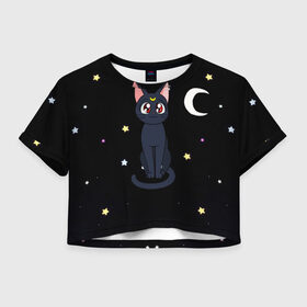 Женская футболка Crop-top 3D с принтом Луна в Новосибирске, 100% полиэстер | круглая горловина, длина футболки до линии талии, рукава с отворотами | sailor moon. кот луна | кот | кошка | луна | сейлор мун | сейлормун