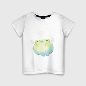 Детская футболка хлопок с принтом Воздушная лягушка в Новосибирске, 100% хлопок | круглый вырез горловины, полуприлегающий силуэт, длина до линии бедер | влюблённость | крылья | лягушка | мел | милая лягушка | мило | милое животное | милота | милый зверь | рисунок | рисунок мелом | сердечко | сердце