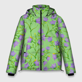 Мужская зимняя куртка 3D с принтом Колокольчики на зеленом фоне в Новосибирске, верх — 100% полиэстер; подкладка — 100% полиэстер; утеплитель — 100% полиэстер | длина ниже бедра, свободный силуэт Оверсайз. Есть воротник-стойка, отстегивающийся капюшон и ветрозащитная планка. 

Боковые карманы с листочкой на кнопках и внутренний карман на молнии. | 8 марта | flowers | summer | зеленый | колокольчики | лето | праздник | природа | растения | фиолетовый | цветы