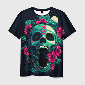 Мужская футболка 3D с принтом Череп с Цветами в Новосибирске, 100% полиэфир | прямой крой, круглый вырез горловины, длина до линии бедер | skulls | xo | букет | градиент | животные | луна | мозги | полосы | природа | птицы | розы | скелет | текстура | узор | хо | цветы | черепа | черный | яркий