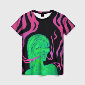Женская футболка 3D с принтом Neon style в Новосибирске, 100% полиэфир ( синтетическое хлопкоподобное полотно) | прямой крой, круглый вырез горловины, длина до линии бедер | 2077 | girl | neon | purple | девушка | кислотный | неон | сyberpunk