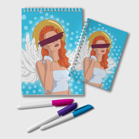 Блокнот с принтом Angel в Новосибирске, 100% бумага | 48 листов, плотность листов — 60 г/м2, плотность картонной обложки — 250 г/м2. Листы скреплены удобной пружинной спиралью. Цвет линий — светло-серый
 | Тематика изображения на принте: pop art | popart | ангел | девушка | зима | крылья | нимб | поп арт | рождественский ангел | рыжая девушка
