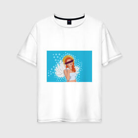 Женская футболка хлопок Oversize с принтом Angel в Новосибирске, 100% хлопок | свободный крой, круглый ворот, спущенный рукав, длина до линии бедер
 | pop art | popart | ангел | девушка | зима | крылья | нимб | поп арт | рождественский ангел | рыжая девушка