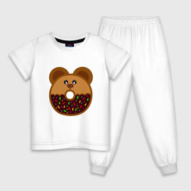Детская пижама хлопок с принтом Пончик - мишка в Новосибирске, 100% хлопок |  брюки и футболка прямого кроя, без карманов, на брюках мягкая резинка на поясе и по низу штанин
 | Тематика изображения на принте: еда | кекс | мишка | пирог | пончик | сладости | шоколад