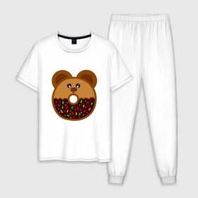 Мужская пижама хлопок с принтом Пончик - мишка в Новосибирске, 100% хлопок | брюки и футболка прямого кроя, без карманов, на брюках мягкая резинка на поясе и по низу штанин
 | Тематика изображения на принте: еда | кекс | мишка | пирог | пончик | сладости | шоколад