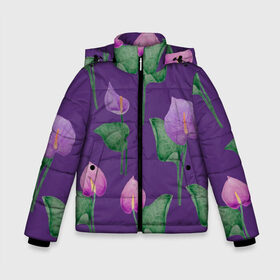 Зимняя куртка для мальчиков 3D с принтом Антуриумы на фиолетовом фоне в Новосибирске, ткань верха — 100% полиэстер; подклад — 100% полиэстер, утеплитель — 100% полиэстер | длина ниже бедра, удлиненная спинка, воротник стойка и отстегивающийся капюшон. Есть боковые карманы с листочкой на кнопках, утяжки по низу изделия и внутренний карман на молнии. 

Предусмотрены светоотражающий принт на спинке, радужный светоотражающий элемент на пуллере молнии и на резинке для утяжки | 8 марта | flowers | summer | антуриумы | весна | зеленый | лето | листья | праздник | природа | растения | фиолетовый | цветы