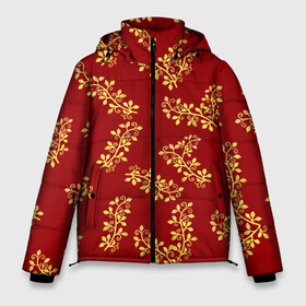 Мужская зимняя куртка 3D с принтом Золотые веточки на красном в Новосибирске, верх — 100% полиэстер; подкладка — 100% полиэстер; утеплитель — 100% полиэстер | длина ниже бедра, свободный силуэт Оверсайз. Есть воротник-стойка, отстегивающийся капюшон и ветрозащитная планка. 

Боковые карманы с листочкой на кнопках и внутренний карман на молнии. | 8 марта | flowers | summer | весна | веточки | золотой | лето | праздник | природа | растения | узор
