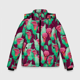 Зимняя куртка для мальчиков 3D с принтом Каллы на вишневом фоне в Новосибирске, ткань верха — 100% полиэстер; подклад — 100% полиэстер, утеплитель — 100% полиэстер | длина ниже бедра, удлиненная спинка, воротник стойка и отстегивающийся капюшон. Есть боковые карманы с листочкой на кнопках, утяжки по низу изделия и внутренний карман на молнии. 

Предусмотрены светоотражающий принт на спинке, радужный светоотражающий элемент на пуллере молнии и на резинке для утяжки | 8 марта | flowers | summer | весна | вишневый | зеленый | каллы | красный | лето | праздник | природа | растения | цветы