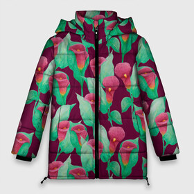Женская зимняя куртка 3D с принтом Каллы на вишневом фоне в Новосибирске, верх — 100% полиэстер; подкладка — 100% полиэстер; утеплитель — 100% полиэстер | длина ниже бедра, силуэт Оверсайз. Есть воротник-стойка, отстегивающийся капюшон и ветрозащитная планка. 

Боковые карманы с листочкой на кнопках и внутренний карман на молнии | 8 марта | flowers | summer | весна | вишневый | зеленый | каллы | красный | лето | праздник | природа | растения | цветы