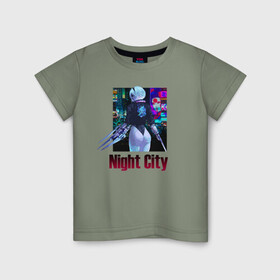 Детская футболка хлопок с принтом Night City | Nier: automata в Новосибирске, 100% хлопок | круглый вырез горловины, полуприлегающий силуэт, длина до линии бедер | armband. | girl | samurai | weapon | девушка | оружие | повязка | самурай