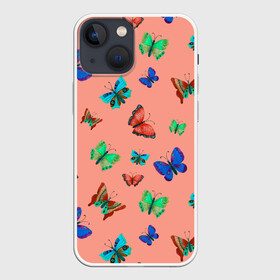 Чехол для iPhone 13 mini с принтом Бабочки на персиковом фоне в Новосибирске,  |  | 8 марта | butterflies | summer | бабочки | весна | зеленый | красный | лето | насекомые | праздник | природа | синий