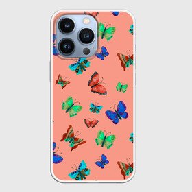 Чехол для iPhone 13 Pro с принтом Бабочки на персиковом фоне в Новосибирске,  |  | 8 марта | butterflies | summer | бабочки | весна | зеленый | красный | лето | насекомые | праздник | природа | синий