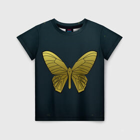 Детская футболка 3D с принтом Butterfly в Новосибирске, 100% гипоаллергенный полиэфир | прямой крой, круглый вырез горловины, длина до линии бедер, чуть спущенное плечо, ткань немного тянется | Тематика изображения на принте: бабочка | геомеирический | золотой | темный фон