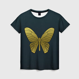 Женская футболка 3D с принтом Butterfly в Новосибирске, 100% полиэфир ( синтетическое хлопкоподобное полотно) | прямой крой, круглый вырез горловины, длина до линии бедер | бабочка | геомеирический | золотой | темный фон