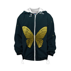 Детская куртка 3D с принтом Butterfly в Новосибирске, 100% полиэстер | застежка — молния, подол и капюшон оформлены резинкой с фиксаторами, по бокам — два кармана без застежек, один потайной карман на груди, плотность верхнего слоя — 90 г/м2; плотность флисового подклада — 260 г/м2 | Тематика изображения на принте: бабочка | геомеирический | золотой | темный фон