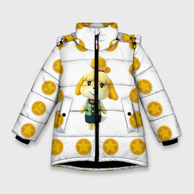 Зимняя куртка для девочек 3D с принтом Animal crossing - Isabelle в Новосибирске, ткань верха — 100% полиэстер; подклад — 100% полиэстер, утеплитель — 100% полиэстер. | длина ниже бедра, удлиненная спинка, воротник стойка и отстегивающийся капюшон. Есть боковые карманы с листочкой на кнопках, утяжки по низу изделия и внутренний карман на молнии. 

Предусмотрены светоотражающий принт на спинке, радужный светоотражающий элемент на пуллере молнии и на резинке для утяжки. | animal crossing | isabelle | детский | желтый | игра | изабелла | изабель | компьютерный | кроссинг | монеты | персонаж | подарок | узор | энимал кросинг