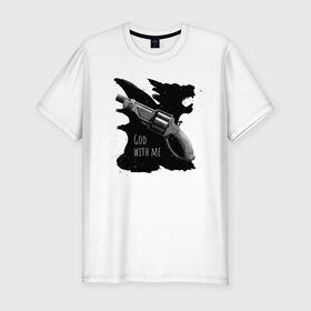 Мужская футболка хлопок Slim с принтом Bless and save в Новосибирске, 92% хлопок, 8% лайкра | приталенный силуэт, круглый вырез ворота, длина до линии бедра, короткий рукав | fantasy | gun | hunter | weapon | оружие | охотник | пистолет | фэнтэзи
