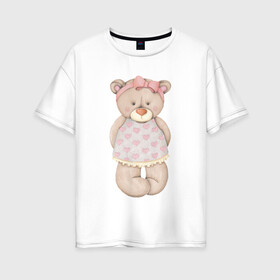Женская футболка хлопок Oversize с принтом Мишка в платьишке в Новосибирске, 100% хлопок | свободный крой, круглый ворот, спущенный рукав, длина до линии бедер
 | акварель | девушке | карандашом | косолапый | медведь