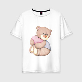Женская футболка хлопок Oversize с принтом Мишка с сердечком в Новосибирске, 100% хлопок | свободный крой, круглый ворот, спущенный рукав, длина до линии бедер
 | акварель | карандашом | косолапый | медведь | сердечки