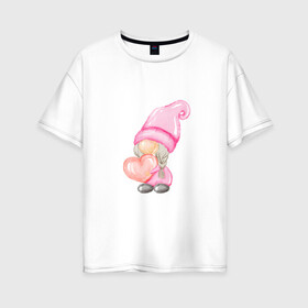 Женская футболка хлопок Oversize с принтом Гномик-девочка в Новосибирске, 100% хлопок | свободный крой, круглый ворот, спущенный рукав, длина до линии бедер
 | влюбленные | гномик | день валентина | парные | парочки | розовый | сердечко | шарик