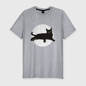 Мужская футболка хлопок Slim с принтом Черный кот в Новосибирске, 92% хлопок, 8% лайкра | приталенный силуэт, круглый вырез ворота, длина до линии бедра, короткий рукав | art | black | cat | cats | grumpy | illustration | kitten | kitty | pussy | pussycat | retro | vintage | арт | винтаж | винтажный | злой | иллюстрация | киса | киска | котенок | котик | кошка | краска | потертости | пятна | ретро | сердитый |