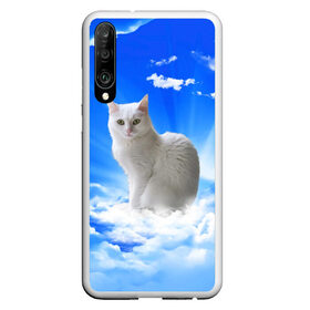Чехол для Honor P30 с принтом Кот в облаках в Новосибирске, Силикон | Область печати: задняя сторона чехла, без боковых панелей | animals | cat | kitty | ангел | белый кот | блики | взгляд кота | глаза кота | животные | киска | кот | котейка | котенок | котик | кошак | кошка | лучи | мордочка | небесный | небо | облака | пейзаж | питомец