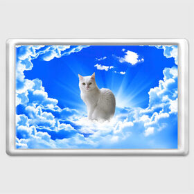 Магнит 45*70 с принтом Кот в облаках в Новосибирске, Пластик | Размер: 78*52 мм; Размер печати: 70*45 | animals | cat | kitty | ангел | белый кот | блики | взгляд кота | глаза кота | животные | киска | кот | котейка | котенок | котик | кошак | кошка | лучи | мордочка | небесный | небо | облака | пейзаж | питомец