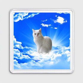 Магнит 55*55 с принтом Кот в облаках в Новосибирске, Пластик | Размер: 65*65 мм; Размер печати: 55*55 мм | Тематика изображения на принте: animals | cat | kitty | ангел | белый кот | блики | взгляд кота | глаза кота | животные | киска | кот | котейка | котенок | котик | кошак | кошка | лучи | мордочка | небесный | небо | облака | пейзаж | питомец