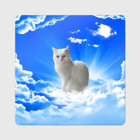 Магнит виниловый Квадрат с принтом Кот в облаках в Новосибирске, полимерный материал с магнитным слоем | размер 9*9 см, закругленные углы | animals | cat | kitty | ангел | белый кот | блики | взгляд кота | глаза кота | животные | киска | кот | котейка | котенок | котик | кошак | кошка | лучи | мордочка | небесный | небо | облака | пейзаж | питомец