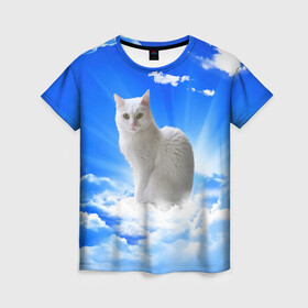 Женская футболка 3D с принтом Кот в облаках в Новосибирске, 100% полиэфир ( синтетическое хлопкоподобное полотно) | прямой крой, круглый вырез горловины, длина до линии бедер | animals | cat | kitty | ангел | белый кот | блики | взгляд кота | глаза кота | животные | киска | кот | котейка | котенок | котик | кошак | кошка | лучи | мордочка | небесный | небо | облака | пейзаж | питомец