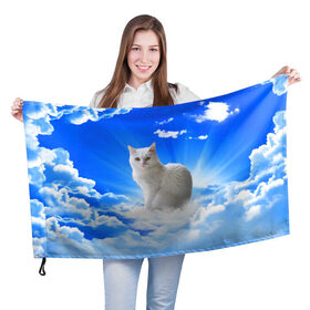 Флаг 3D с принтом Кот в облаках в Новосибирске, 100% полиэстер | плотность ткани — 95 г/м2, размер — 67 х 109 см. Принт наносится с одной стороны | animals | cat | kitty | ангел | белый кот | блики | взгляд кота | глаза кота | животные | киска | кот | котейка | котенок | котик | кошак | кошка | лучи | мордочка | небесный | небо | облака | пейзаж | питомец