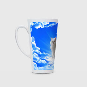 Кружка Латте с принтом Кот в облаках в Новосибирске, Белая керамика | Объем 480 мл; Высота 150 мм; Диаметр 90 мм | Тематика изображения на принте: animals | cat | kitty | ангел | белый кот | блики | взгляд кота | глаза кота | животные | киска | кот | котейка | котенок | котик | кошак | кошка | лучи | мордочка | небесный | небо | облака | пейзаж | питомец