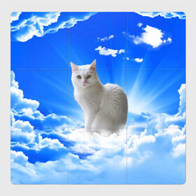 Магнитный плакат 3Х3 с принтом Кот в облаках в Новосибирске, Полимерный материал с магнитным слоем | 9 деталей размером 9*9 см | animals | cat | kitty | ангел | белый кот | блики | взгляд кота | глаза кота | животные | киска | кот | котейка | котенок | котик | кошак | кошка | лучи | мордочка | небесный | небо | облака | пейзаж | питомец