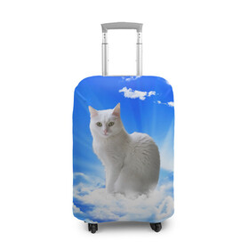 Чехол для чемодана 3D с принтом Кот в облаках в Новосибирске, 86% полиэфир, 14% спандекс | двустороннее нанесение принта, прорези для ручек и колес | animals | cat | kitty | ангел | белый кот | блики | взгляд кота | глаза кота | животные | киска | кот | котейка | котенок | котик | кошак | кошка | лучи | мордочка | небесный | небо | облака | пейзаж | питомец