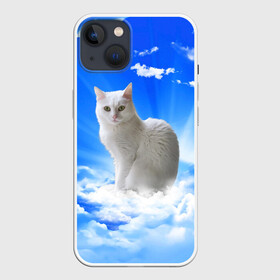 Чехол для iPhone 13 с принтом Кот в облаках в Новосибирске,  |  | animals | cat | kitty | ангел | белый кот | блики | взгляд кота | глаза кота | животные | киска | кот | котейка | котенок | котик | кошак | кошка | лучи | мордочка | небесный | небо | облака | пейзаж | питомец