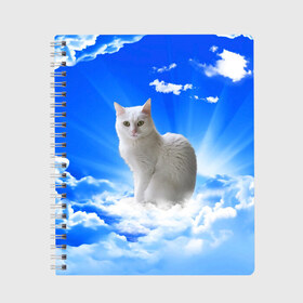 Тетрадь с принтом Кот в облаках в Новосибирске, 100% бумага | 48 листов, плотность листов — 60 г/м2, плотность картонной обложки — 250 г/м2. Листы скреплены сбоку удобной пружинной спиралью. Уголки страниц и обложки скругленные. Цвет линий — светло-серый
 | animals | cat | kitty | ангел | белый кот | блики | взгляд кота | глаза кота | животные | киска | кот | котейка | котенок | котик | кошак | кошка | лучи | мордочка | небесный | небо | облака | пейзаж | питомец