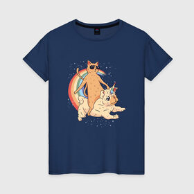 Женская футболка хлопок с принтом Кот верхом на мопсе единороге в Новосибирске, 100% хлопок | прямой крой, круглый вырез горловины, длина до линии бедер, слегка спущенное плечо | cat | cool cat | cute | galaxy | pug | pugs | rainbow | space | stars | бульдог | бульдожка | галактика | звезды | космический | космос | кошка | крутой кот | милые | милый | мопс | мопсик | на радуге | очки | прикол | радуга