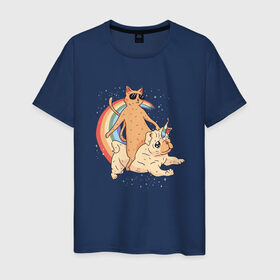 Мужская футболка хлопок с принтом Кот верхом на мопсе единороге в Новосибирске, 100% хлопок | прямой крой, круглый вырез горловины, длина до линии бедер, слегка спущенное плечо. | cat | cool cat | cute | galaxy | pug | pugs | rainbow | space | stars | бульдог | бульдожка | галактика | звезды | космический | космос | кошка | крутой кот | милые | милый | мопс | мопсик | на радуге | очки | прикол | радуга