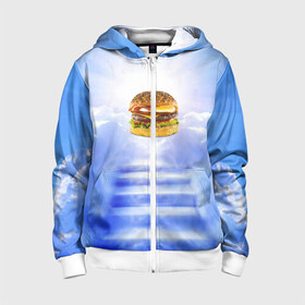 Детская толстовка 3D на молнии с принтом Райский бургер в Новосибирске, 100% полиэстер |  манжеты и пояс оформлены широкой мягкой резинкой, двухслойный капюшон со шнурком для регулировки, спереди карманы и застежка-молния
 | food | hamburger | hot dog | ангел | блики | булка | булочка | бургер | бутерброд | вкусняшки | гамбургер | еда | котлета | лестница | лучи | небесный | небо | обжора | облака | пейзаж | природа | рай | сендвич