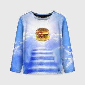 Детский лонгслив 3D с принтом Райский бургер в Новосибирске, 100% полиэстер | длинные рукава, круглый вырез горловины, полуприлегающий силуэт
 | food | hamburger | hot dog | ангел | блики | булка | булочка | бургер | бутерброд | вкусняшки | гамбургер | еда | котлета | лестница | лучи | небесный | небо | обжора | облака | пейзаж | природа | рай | сендвич