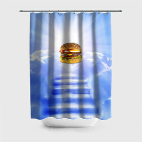 Штора 3D для ванной с принтом Райский бургер в Новосибирске, 100% полиэстер | плотность материала — 100 г/м2. Стандартный размер — 146 см х 180 см. По верхнему краю — пластиковые люверсы для креплений. В комплекте 10 пластиковых колец | Тематика изображения на принте: food | hamburger | hot dog | ангел | блики | булка | булочка | бургер | бутерброд | вкусняшки | гамбургер | еда | котлета | лестница | лучи | небесный | небо | обжора | облака | пейзаж | природа | рай | сендвич