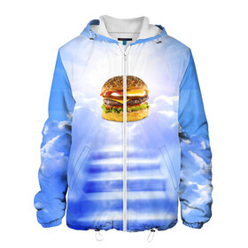 Мужская куртка 3D с принтом Райский бургер в Новосибирске, ткань верха — 100% полиэстер, подклад — флис | прямой крой, подол и капюшон оформлены резинкой с фиксаторами, два кармана без застежек по бокам, один большой потайной карман на груди. Карман на груди застегивается на липучку | food | hamburger | hot dog | ангел | блики | булка | булочка | бургер | бутерброд | вкусняшки | гамбургер | еда | котлета | лестница | лучи | небесный | небо | обжора | облака | пейзаж | природа | рай | сендвич