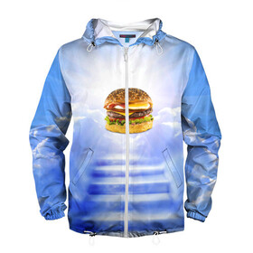 Мужская ветровка 3D с принтом Райский бургер в Новосибирске, 100% полиэстер | подол и капюшон оформлены резинкой с фиксаторами, два кармана без застежек по бокам, один потайной карман на груди | Тематика изображения на принте: food | hamburger | hot dog | ангел | блики | булка | булочка | бургер | бутерброд | вкусняшки | гамбургер | еда | котлета | лестница | лучи | небесный | небо | обжора | облака | пейзаж | природа | рай | сендвич