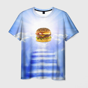 Мужская футболка 3D с принтом Райский бургер в Новосибирске, 100% полиэфир | прямой крой, круглый вырез горловины, длина до линии бедер | food | hamburger | hot dog | ангел | блики | булка | булочка | бургер | бутерброд | вкусняшки | гамбургер | еда | котлета | лестница | лучи | небесный | небо | обжора | облака | пейзаж | природа | рай | сендвич