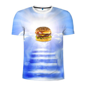 Мужская футболка 3D спортивная с принтом Райский бургер в Новосибирске, 100% полиэстер с улучшенными характеристиками | приталенный силуэт, круглая горловина, широкие плечи, сужается к линии бедра | food | hamburger | hot dog | ангел | блики | булка | булочка | бургер | бутерброд | вкусняшки | гамбургер | еда | котлета | лестница | лучи | небесный | небо | обжора | облака | пейзаж | природа | рай | сендвич