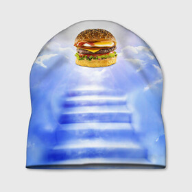 Шапка 3D с принтом Райский бургер в Новосибирске, 100% полиэстер | универсальный размер, печать по всей поверхности изделия | food | hamburger | hot dog | ангел | блики | булка | булочка | бургер | бутерброд | вкусняшки | гамбургер | еда | котлета | лестница | лучи | небесный | небо | обжора | облака | пейзаж | природа | рай | сендвич