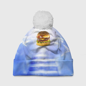 Шапка 3D c помпоном с принтом Райский бургер в Новосибирске, 100% полиэстер | универсальный размер, печать по всей поверхности изделия | food | hamburger | hot dog | ангел | блики | булка | булочка | бургер | бутерброд | вкусняшки | гамбургер | еда | котлета | лестница | лучи | небесный | небо | обжора | облака | пейзаж | природа | рай | сендвич