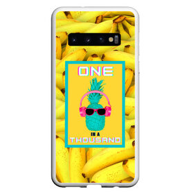 Чехол для Samsung Galaxy S10 с принтом Ананас и бананы в Новосибирске, Силикон | Область печати: задняя сторона чехла, без боковых панелей | 3d | ананас | бананы | бирюзовый | единственный | желтый | надпись | наушники | один | один на тысячу | одна на тысячу | очки | полная запечатка | розовый | самовыражение